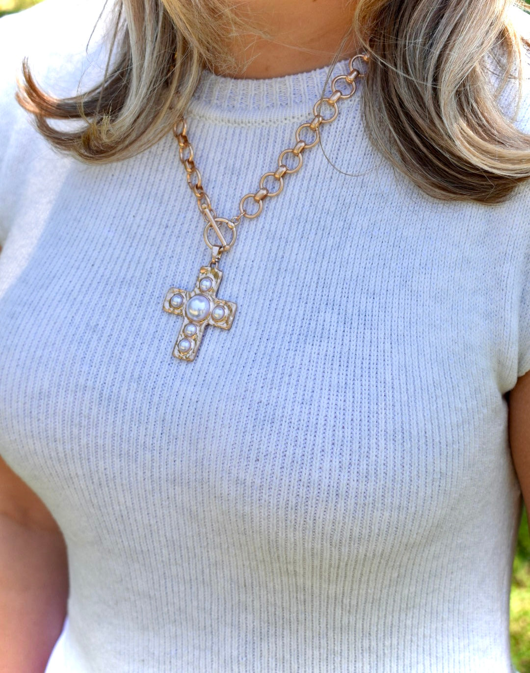 Pearl Cross Pendant Chain Necklace